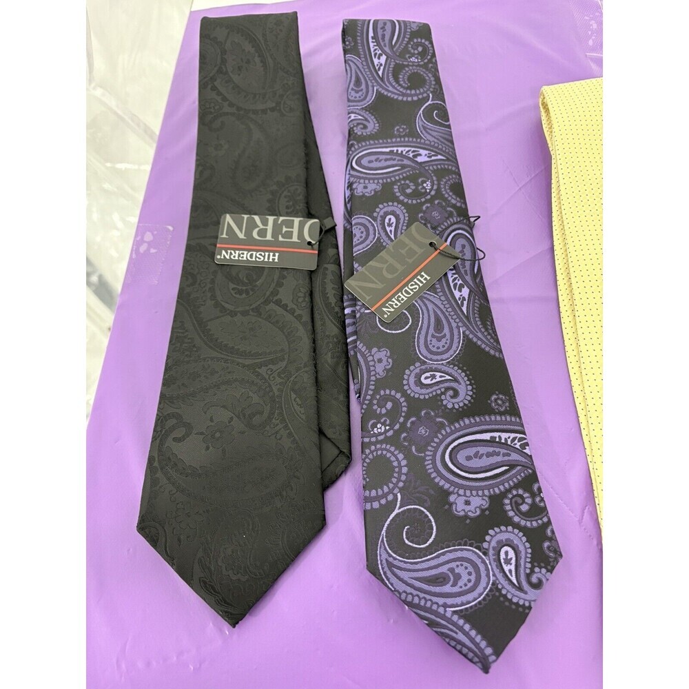 Hisdern Handmade Silk Neck Ties, Paisley  New With Tags  1 Black 1 Purple/black/